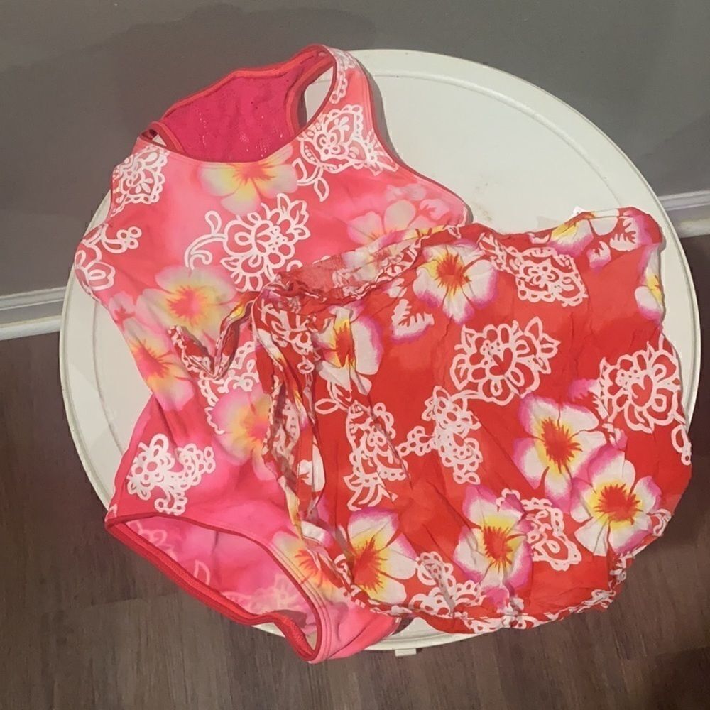 Coral Cove, girls swim suit with bonus tie cover up skirt. Girls 7.